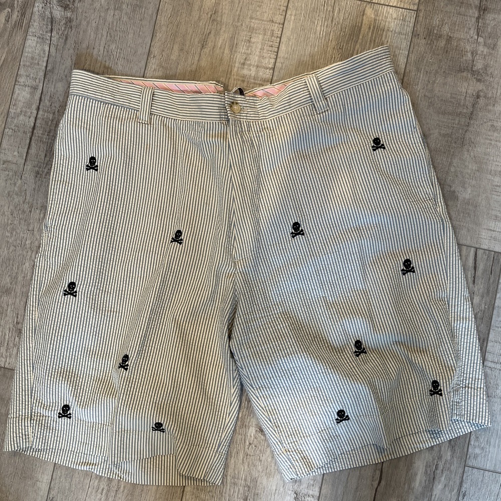 Berle Washed Stoned and Beaten Skull&crossbones Seersucker Shorts Mens Size 38